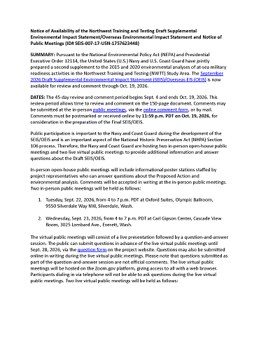 This is an image of the Notice of Availability and Notice of Public Meetings for the Northwest Training and Testing Draft Supplemental Environmental Impact Statement/Overseas Environmental Impact Statement.